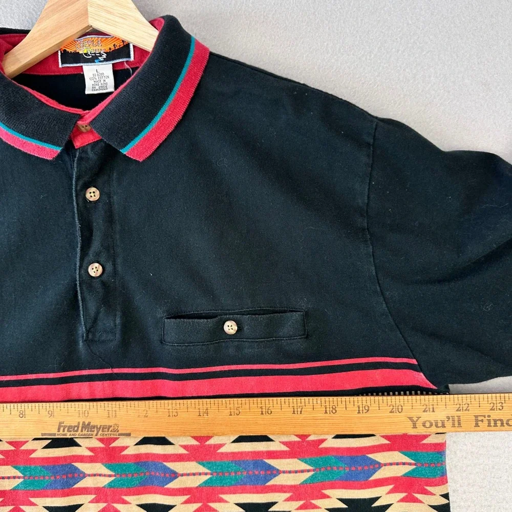 VTG 90s Cripple Creek Polo Shirt Mens L Black Aztec Southwest Heavy Short Sleeve